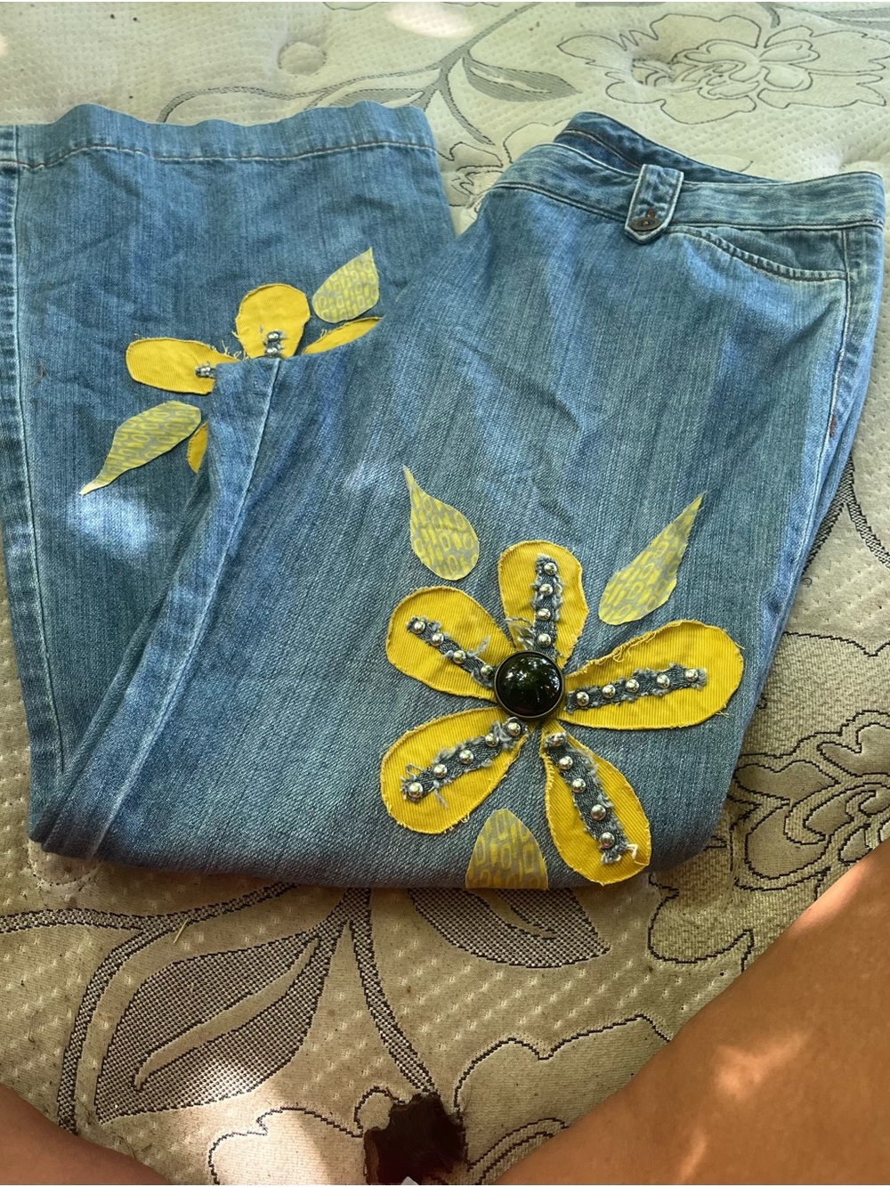 LOFT Blue Denim Boot Cut Jeans with Yellow Floral Appliqué